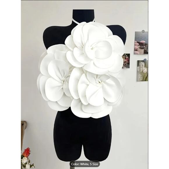 White Oversized 3D Flower Halter Crop Top – Elegant Statement Party & Festival - Picture 1 of 5